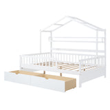 English Elm Wooden Full Size House Bed With 2 Drawers,Kids Bed With Storage Shelf, White