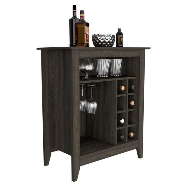 English Elm Bar Cabinet Castle with Six Wine Cubbies and Open Shelf, Elegant Wengue Finish, Decorative Top Espresso B092122884