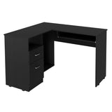 English Elm L-Shaped Desk Bradford, Keyboard Shelf, Black Wengue Finish