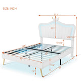 English Elm Full Size Upholstered Bed Frame With Led Lights,Modern Upholstered Princess Bed With Crown Headboard,White