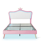 English Elm Queen Size Upholstered Bed Frame With Led Lights,Modern Upholstered Princess Bed With Crown Headboard,White+Pink