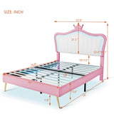 English Elm Full Size Upholstered Bed Frame With Led Lights,Modern Upholstered Princess Bed With Crown Headboard,White+Pink