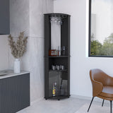 English Elm Corner Bar Cabinet Rialto, Three Shelves, Black Wengue Finish