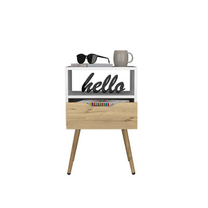English Elm Nightstand With Open Shelf & Drawer, Scandinavian-Style White & Light Oak Finish For Small Spaces B092122935