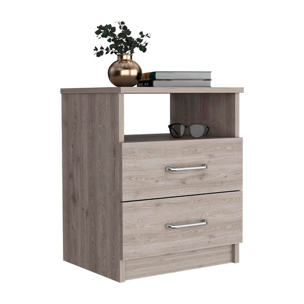 English Elm Nightstand Olienza - Modern Light Gray Design With Two Drawers & Open Shelf For Small Spaces B092122824