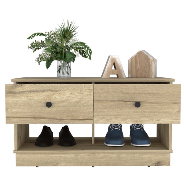 English Elm Storage Bench Beji with Two Drawers and Lower Shelf - Modern Entryway Seat with Shoe Storage and Elegant Finish Light Oak B092122869