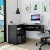 Black L-Shaped Desk with Keyboard Shelf, Sleek Design, Space-Saving