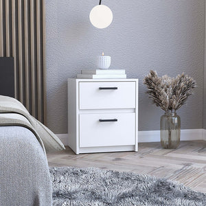 English Elm Nightstand With Two Drawers And Open Shelf - Elegant White Chequered Design For Stylish Storage Solutions B092123118