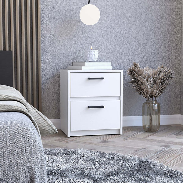 English Elm Nightstand With Two Drawers And Open Shelf - Elegant White Chequered Design For Stylish Storage Solutions B092123118