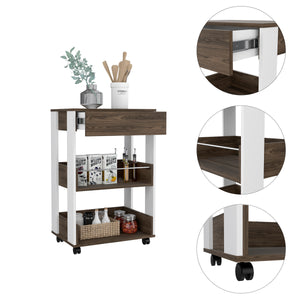 English Elm Kitchen Cart Coron With Drawer, Three-Tier Shelves and Casters, White / Dark Walnut Finish