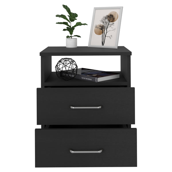 English Elm Nightstand Olivenza - Modern Two-Drawer Design With Open Shelf In Elegant Black Wengue Finish B092122819