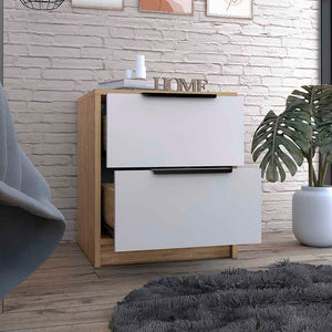 English Elm Nightstand Cervants - Modern Two-Drawer Design In White & Pine Finish For Stylish Bedroom Storage B092123102