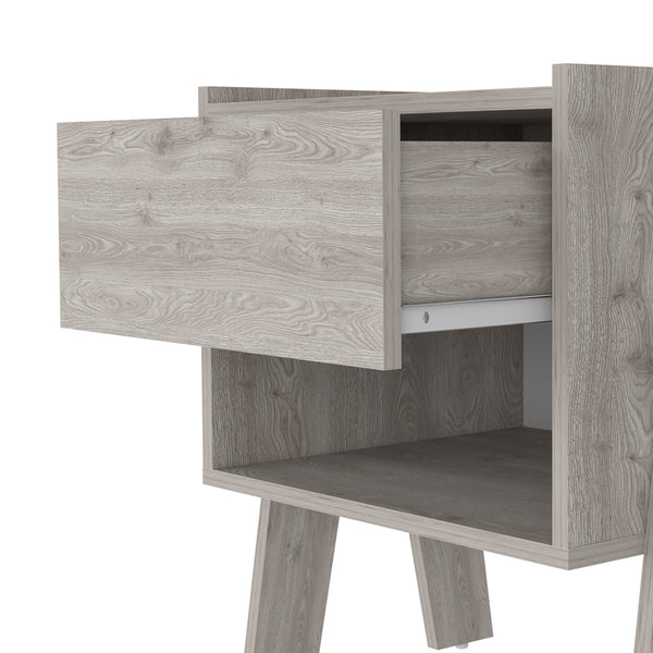 English Elm Nightstand Ferku - Modern Light Gray With Open Shelf & Drawer For Stylish Bedroom Storage Solutions B092122928