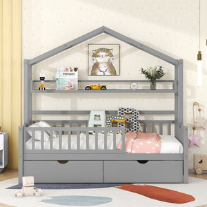 English Elm Wooden Twin Size House Bed With 2 Drawers,Kids Bed With Storage Shelf, Gray