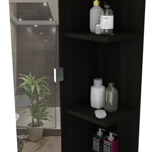 English Elm Mirror Linen Cabinet Reno 62" Tall Mirrored Door with Four Open Shelves and Adjustable Interior Storage Black B092123062