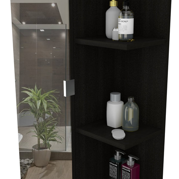 English Elm Mirror Linen Cabinet Reno 62" Tall Mirrored Door with Four Open Shelves and Adjustable Interior Storage Black B092123062