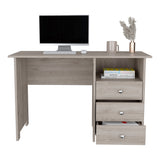 English Elm Writing Desk Brentwood With Three Drawers and Open Storage Shelf, Light Gray Finish