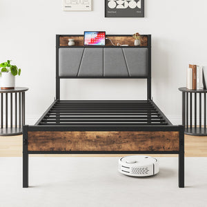 English Elm Twin Twin Size Bed Frame with Storage Headboard, USB Charging Ports, Gray Upholstered, Sturdy Metal Slats W840120026