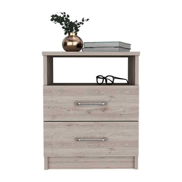 English Elm Nightstand Olienza - Modern Light Gray Design With Two Drawers & Open Shelf For Small Spaces B092122824