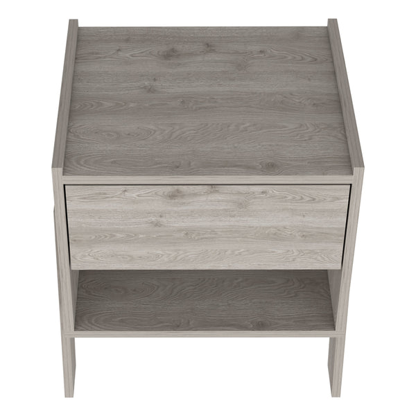 English Elm Nightstand Ferku - Modern Light Gray With Open Shelf & Drawer For Stylish Bedroom Storage Solutions B092122928
