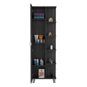 English Elm Corner Storage Cabinet with Five Open Shelves Single Door Smoky Oak Wood Finish B092123110