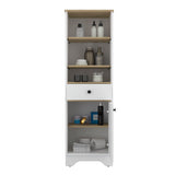 English Elm Linen Cabinet Burnedt, Multiple Shelves, Light Oak / White Finish