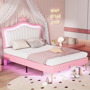 English Elm Full Size Upholstered Bed Frame With Led Lights,Modern Upholstered Princess Bed With Crown Headboard,White+Pink