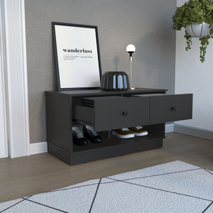 English Elm Storage Bench Beji with Two Drawers and Lower Shelf - Modern Entryway Seat with Shoe Storage and Elegant Finish Black B092122868