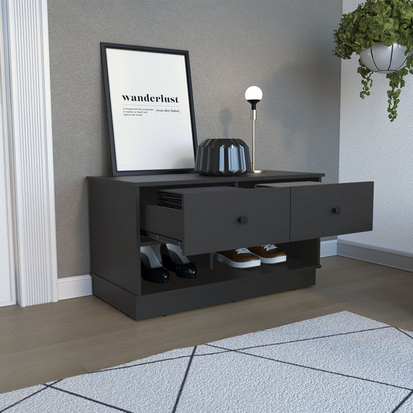 English Elm Storage Bench Beji with Two Drawers and Lower Shelf - Modern Entryway Seat with Shoe Storage and Elegant Finish Black B092122868