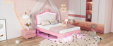 English Elm Queen Size Upholstered Bed Frame With Led Lights,Modern Upholstered Princess Bed With Crown Headboard,White+Pink