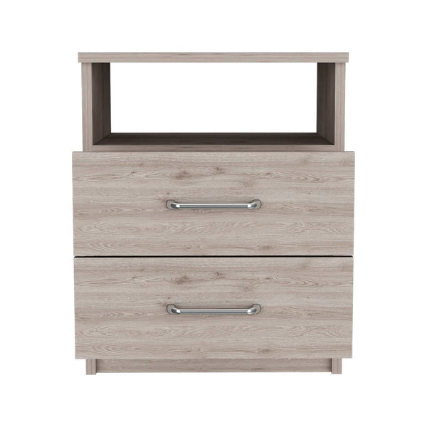 English Elm Nightstand Olienza - Modern Light Gray Design With Two Drawers & Open Shelf For Small Spaces B092122824