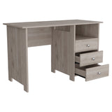 English Elm Writing Desk Brentwood With Three Drawers and Open Storage Shelf, Light Gray Finish