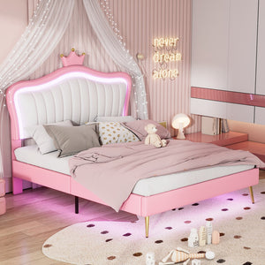 English Elm Queen Size Upholstered Bed Frame With Led Lights,Modern Upholstered Princess Bed With Crown Headboard,White+Pink