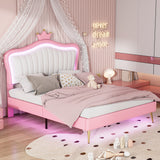 Queen Upholstered Bed Frame - LED Lights Modern Princess Crown Headboard White+Pink