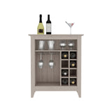 English Elm Bar Cabinet Castle, One Open Shelf, Six Wine Cubbies, Light Gray Finish