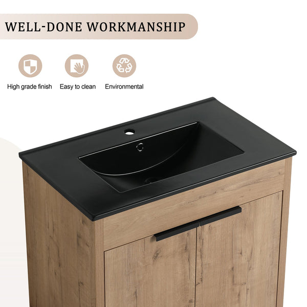 English Elm 30" Freestanding Bathroom Vanity With Black Ceramic Basin & Soft-Close Doors For Modern Spaces W999S00103