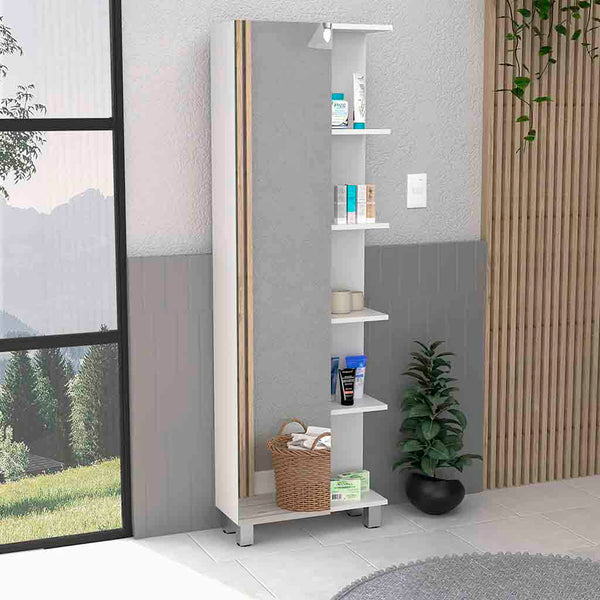 English Elm Mirror Linen Cabinet Reno 62" Tall Mirrored Door with Four Open Shelves and Adjustable Interior Storage White B092123061
