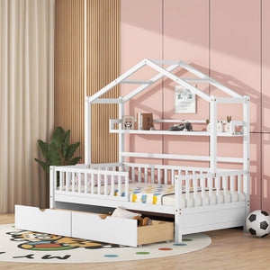 Hearth and Haven Wooden Twin Size House Bed with 2 Drawers, Kids Bed with Storage Shelf WF308872AAK WF308872AAK