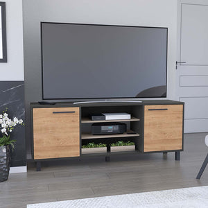 English Elm Tv Stand Washington 65" Top Surface, White Particle Board, 4 Shelves, Cabinets, Metal Legs, Durable Finish B092123103