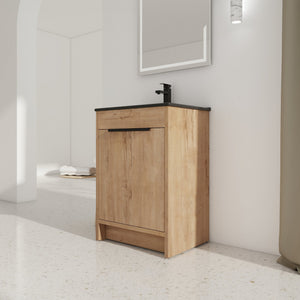 English Elm 24" Freestanding Bathroom Vanity with Black Ceramic Sink, Eco Plywood, Soft-Close Doors & Shelf W999S00102
