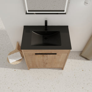 English Elm 30" Freestanding Bathroom Vanity With Black Ceramic Basin & Soft-Close Doors For Modern Spaces W999S00103