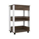 English Elm Kitchen Cart Coron With Drawer, Three-Tier Shelves and Casters, White / Dark Walnut Finish