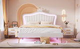 English Elm Queen Size Upholstered Bed Frame With Led Lights,Modern Upholstered Princess Bed With Crown Headboard,White