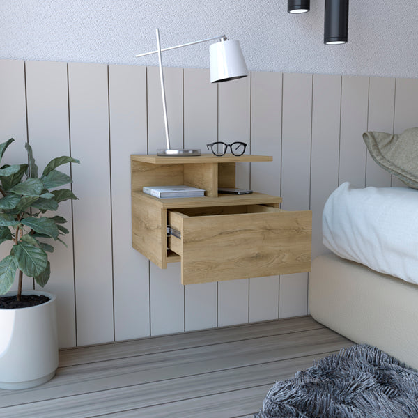 English Elm Floating Nightstand Flopini wall-mounted bedside table with drawer, space-saving shelf, durable design Beige B092123164