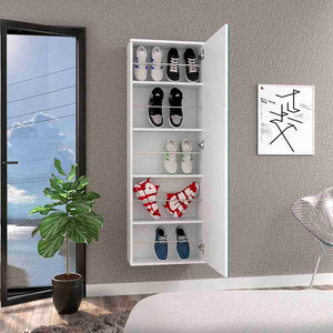 English Elm Wall Mounted Shoe Rack With Mirror Door, Single-Door White Particle Board Organizer, 10-Pair Capacity, Slim Space-Saving 54.3" H x 18.5" W x 8.1" D B092122936