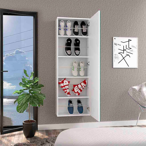English Elm Wall Mounted Shoe Rack With Mirror Door, Single-Door White Particle Board Organizer, 10-Pair Capacity, Slim Space-Saving 54.3" H x 18.5" W x 8.1" D B092122936