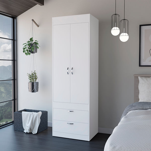 English Elm Armoire Tarento Spacious Double-Door Cabinet with Hanging Rod and Two Deep Drawers, Durable Particleboard Storage and Easy Assembly, Perfect for Bedroom Organization White B092123084