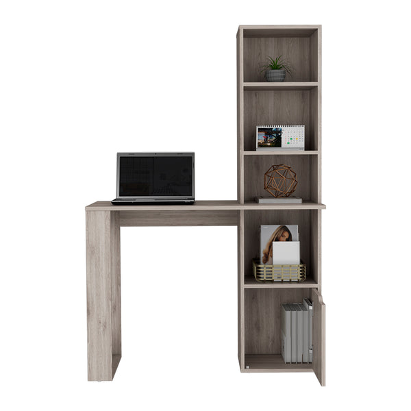 English Elm Computer Desk With Storage Cabinet & 4-Tier Bookcase - Light Gray, Space-Saving Workstation Solution B092123136