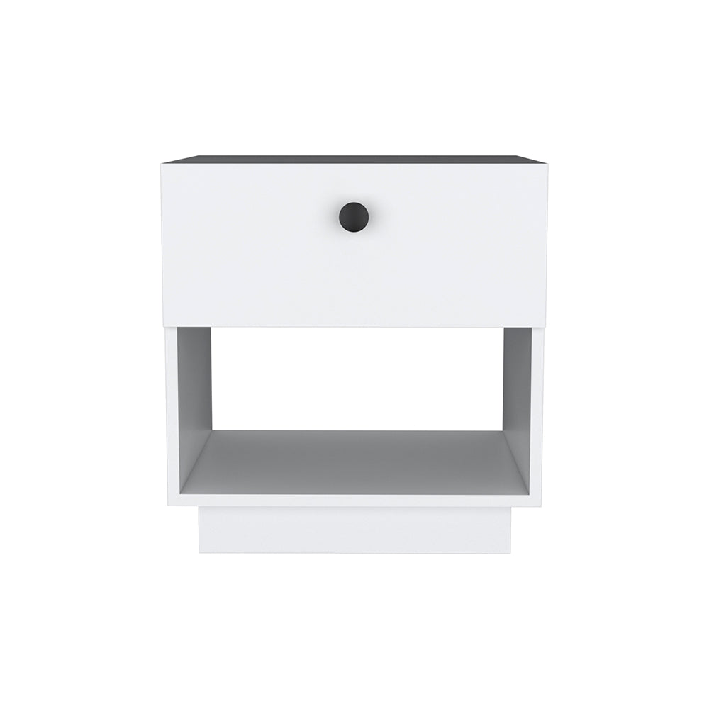 English Elm Nightstand Viliigili – Modern White Finish With One Drawer & Open Shelf For Small Spaces & Storage B092123120