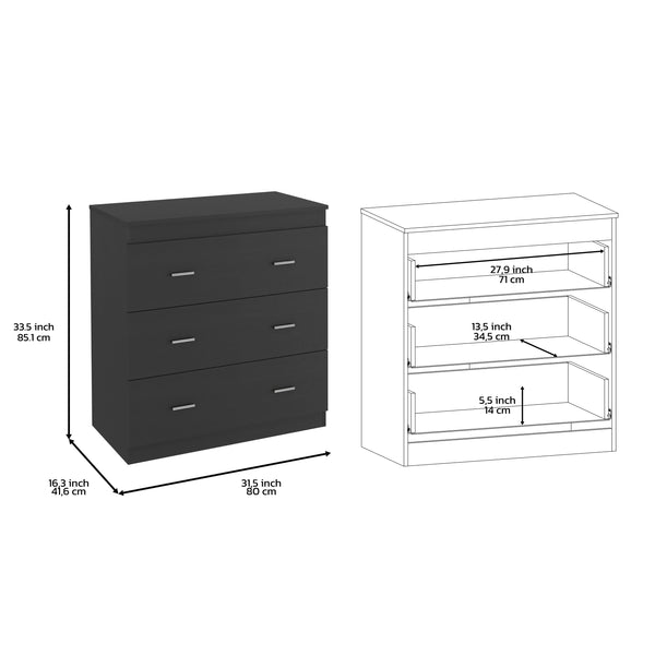 English Elm Three Drawer Litress Dresser with Metal Handles, Black Wengue Particle Board, Durable & Stylish Finish B092123041